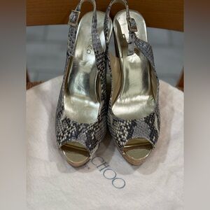 Jimmy Choo Snake-Print Peep Toe Wedges in Gray and Taupe